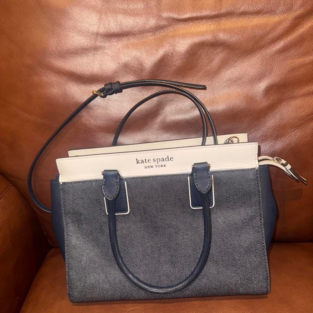 Kate Spade New York Denim and White Leather Satchel Crossbody Bag Navy